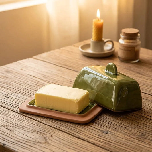 Ceramic Butter Dish – soft, domed lid, three colours