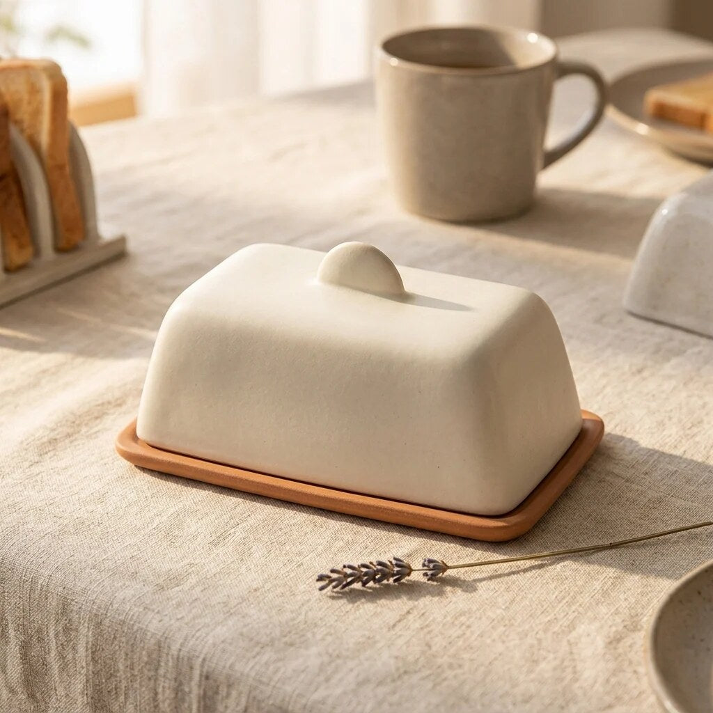 Ceramic Butter Dish – soft, domed lid, three colours