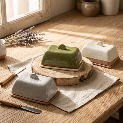 Ceramic Butter Dish – soft, domed lid, three colours