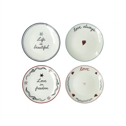 Ceramic Plate Set – mismatched designs, colourful prints, four pieces