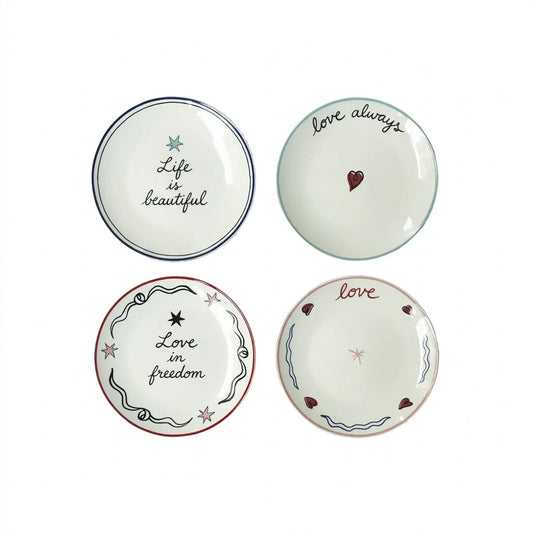 Ceramic Plate Set – mismatched designs, colourful prints, four pieces