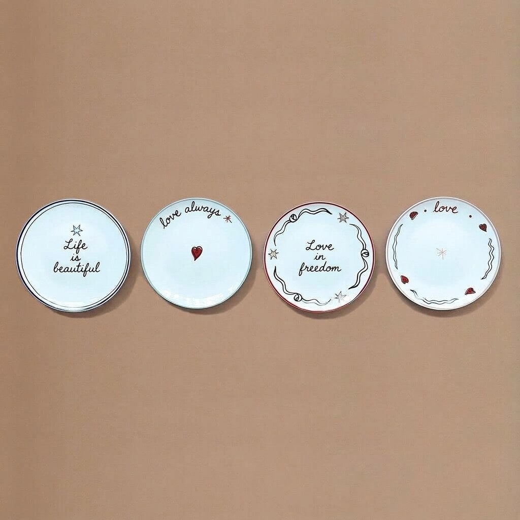 Ceramic Plate Set – mismatched designs, colourful prints, four pieces
