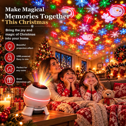 Family enjoying the Christmas projection on the sofa