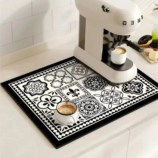 Coffee Mat – retro tile pattern, absorbent, quick-drying