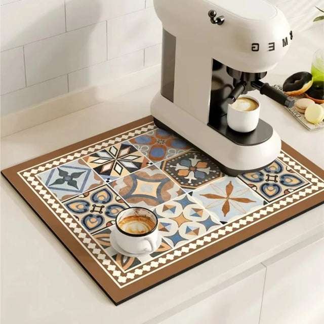 Coffee Mat – retro tile pattern, absorbent, quick-drying