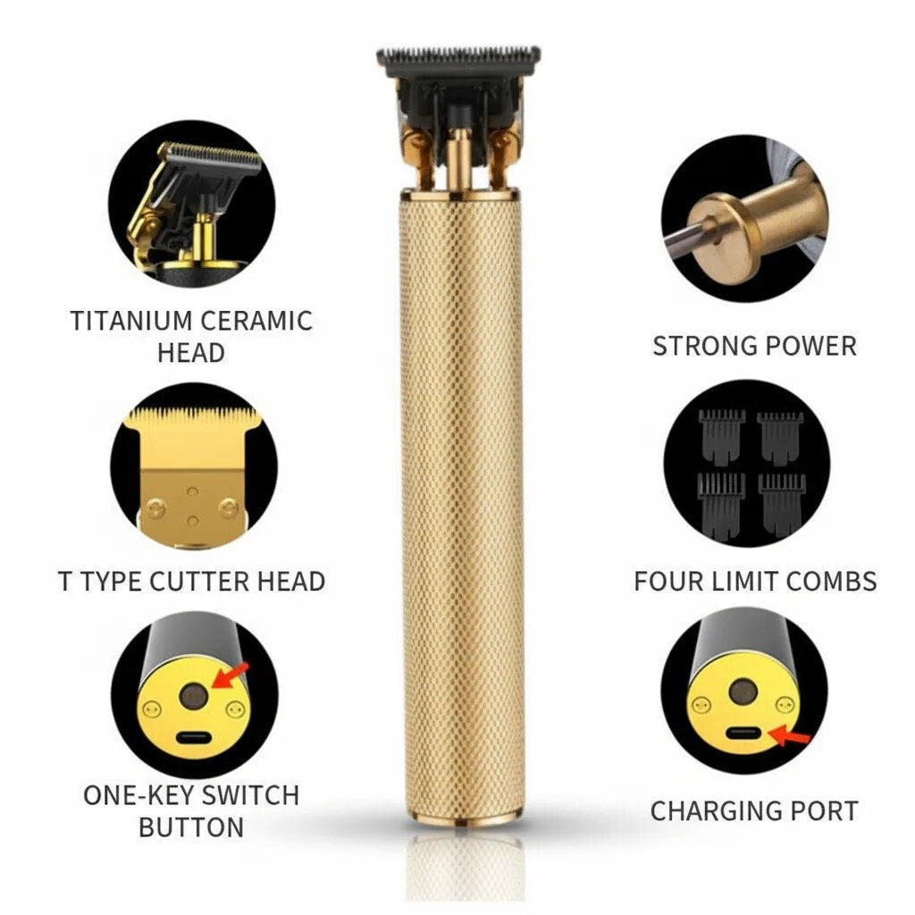 Cordless Hair Trimmer – T blade, multiple guard lengths, rechargeable
