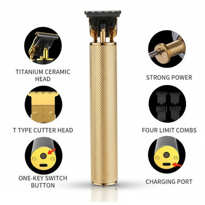 Cordless Hair Trimmer – T blade, multiple guard lengths, rechargeable