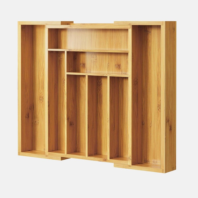 Expandable Bamboo Drawer Organiser – sliding side trays, multiple compartments