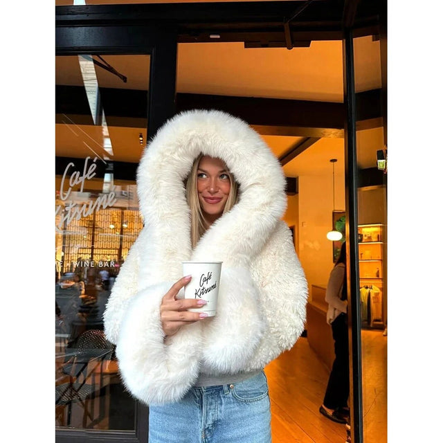 Faux Fur Oversized Coat – Attached Hood, Relaxed Fit, Warm