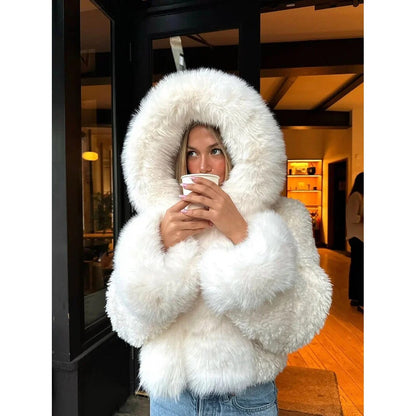 Faux Fur Oversized Coat – Attached Hood, Relaxed Fit, Warm