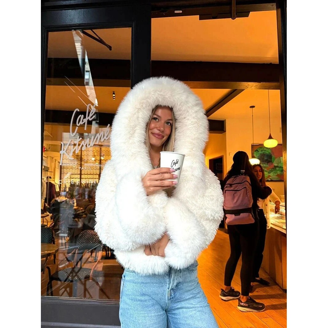 Faux Fur Oversized Coat – Attached Hood, Relaxed Fit, Warm