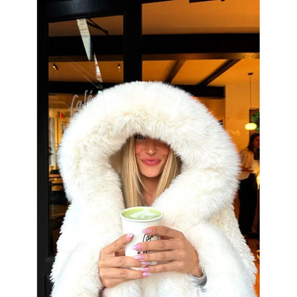 Faux Fur Oversized Coat – Attached Hood, Relaxed Fit, Warm