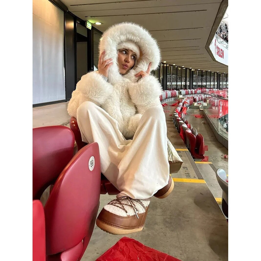 Faux Fur Oversized Coat – Attached Hood, Relaxed Fit, Warm