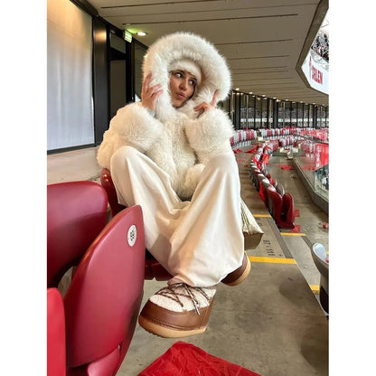 Faux Fur Oversized Coat – Attached Hood, Relaxed Fit, Warm