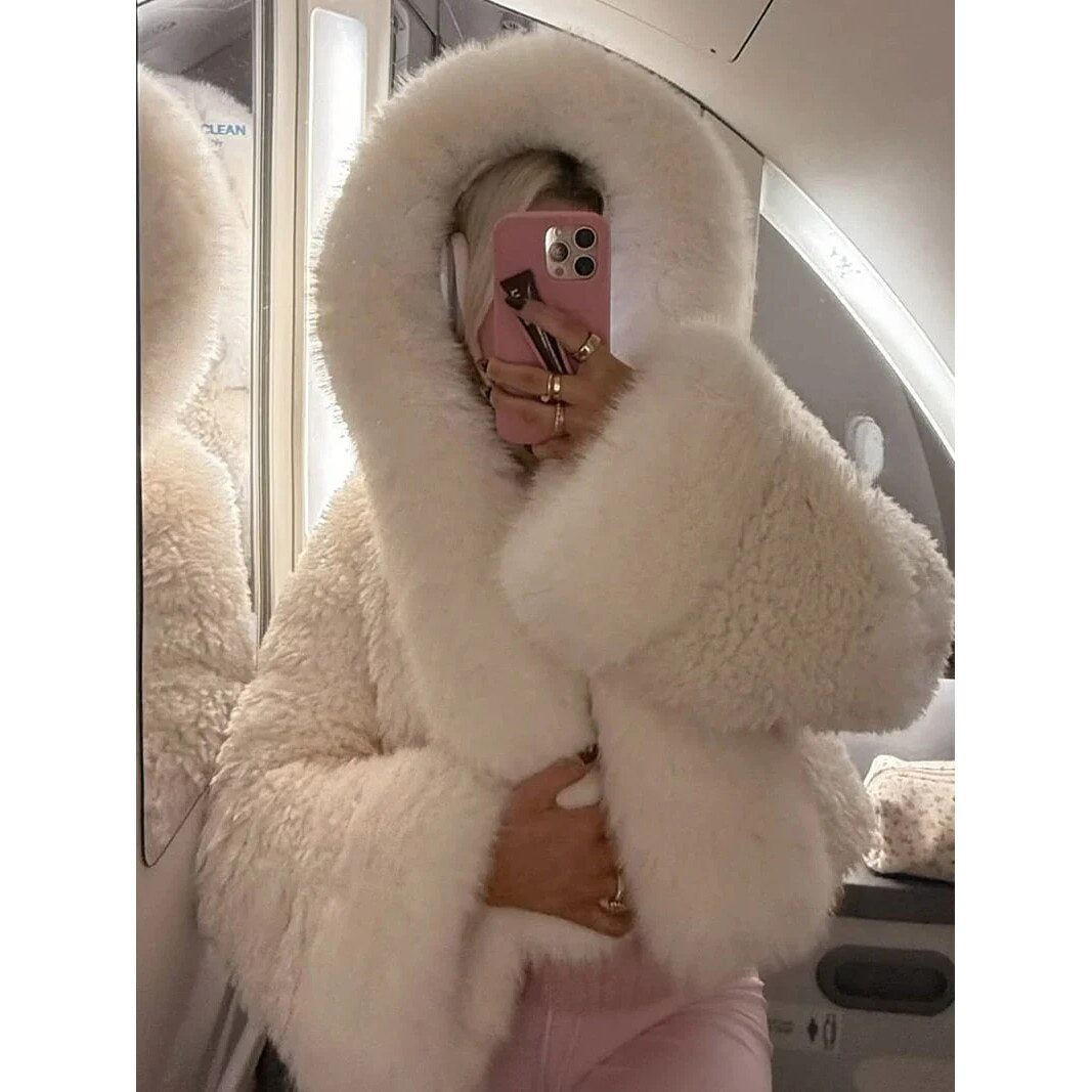 Faux Fur Oversized Coat – Attached Hood, Relaxed Fit, Warm