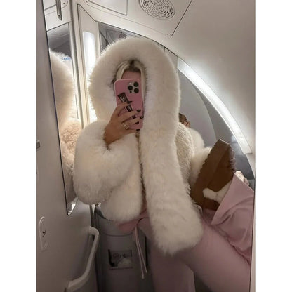 Faux Fur Oversized Coat – Attached Hood, Relaxed Fit, Warm