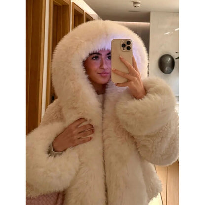 Faux Fur Oversized Coat – Attached Hood, Relaxed Fit, Warm