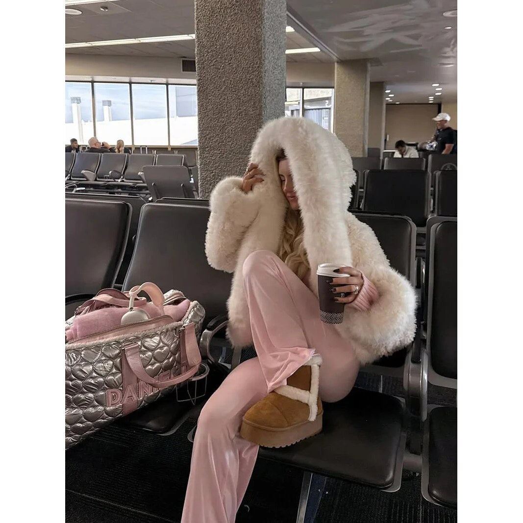 Faux Fur Oversized Coat – Attached Hood, Relaxed Fit, Warm