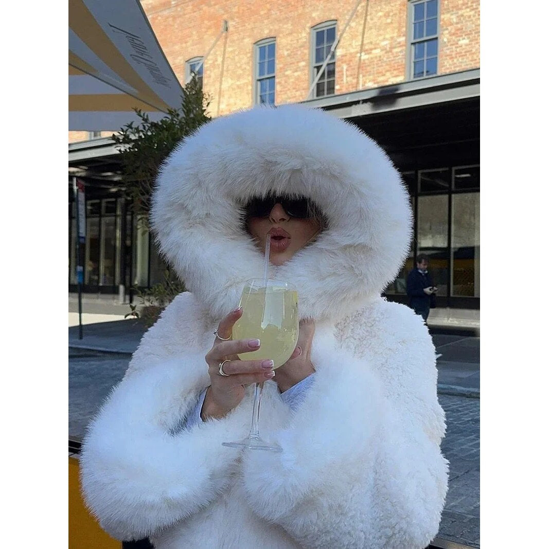 Faux Fur Oversized Coat – Attached Hood, Relaxed Fit, Warm