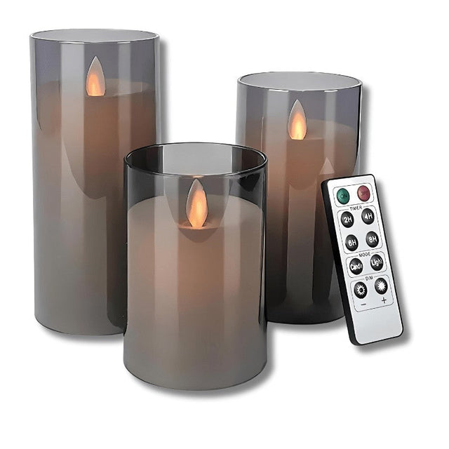 Flameless LED Candles in Glass – set of three with remote and timer
