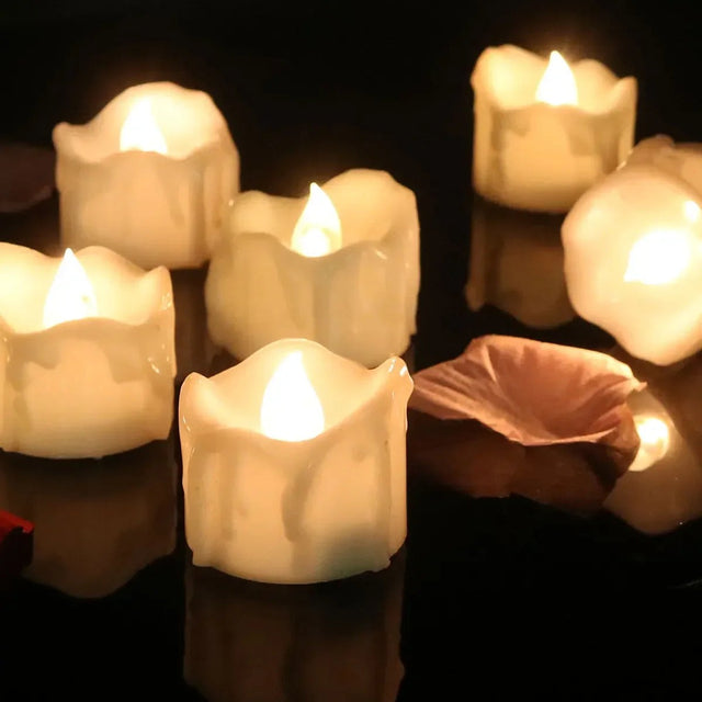 Flickering LED Tea Lights – set of 12 flameless candles, button cell battery