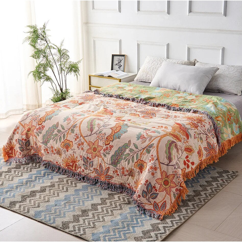 Floral Cotton Blanket – bohemian design, multicoloured