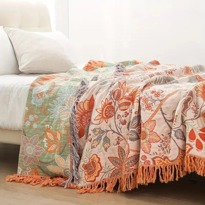 Floral Cotton Blanket – bohemian design, multicoloured