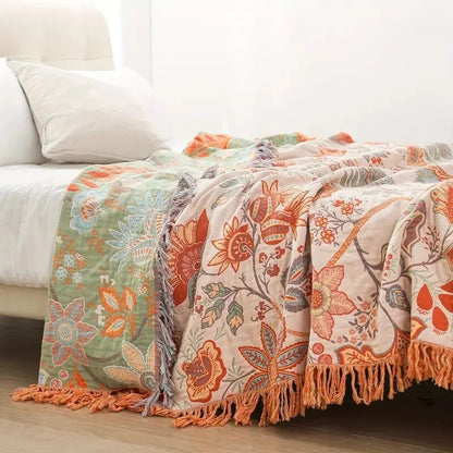 Floral Cotton Blanket – bohemian design, multicoloured