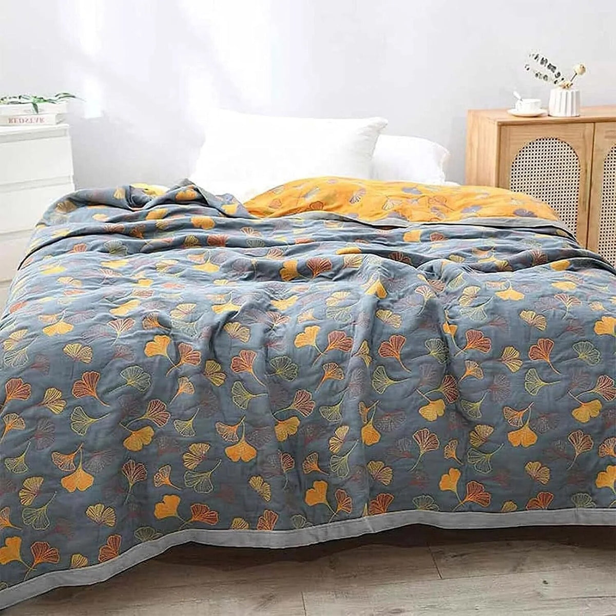 Ginkgo Leaf Throw – reversible cotton, yellow and blue