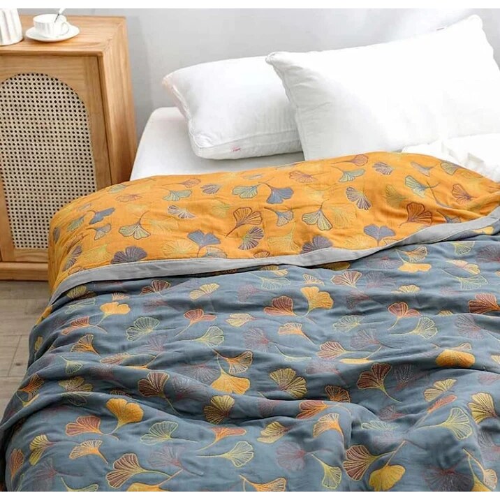Ginkgo Leaf Throw – reversible cotton, yellow and blue