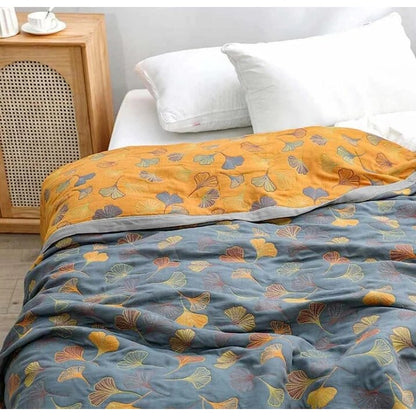 Ginkgo Leaf Throw – reversible cotton, yellow and blue