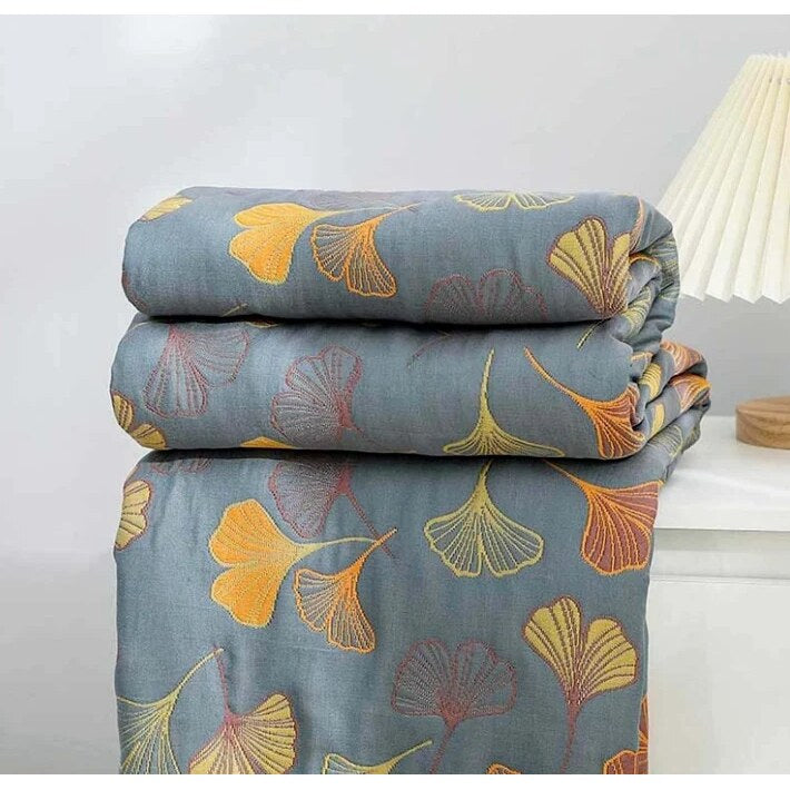 Ginkgo Leaf Throw – reversible cotton, yellow and blue