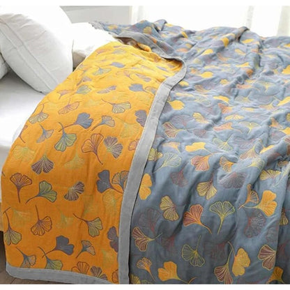 Ginkgo Leaf Throw – reversible cotton, yellow and blue
