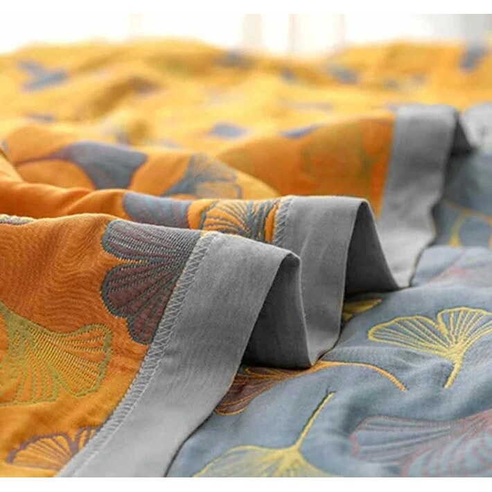 Ginkgo Leaf Throw – reversible cotton, yellow and blue