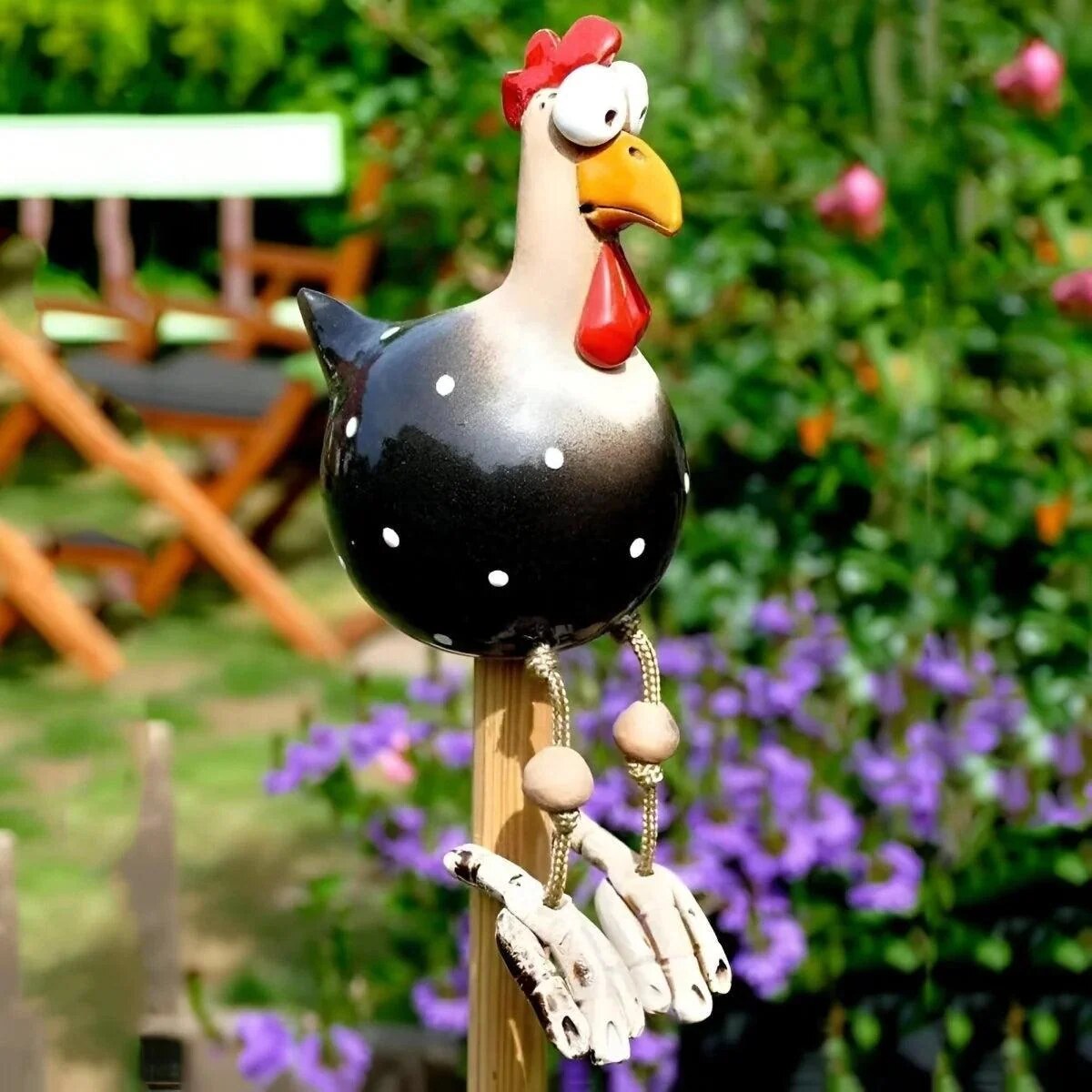Googly Eye Outdoor Chicken – hanging legs, farmhouse charm, compact