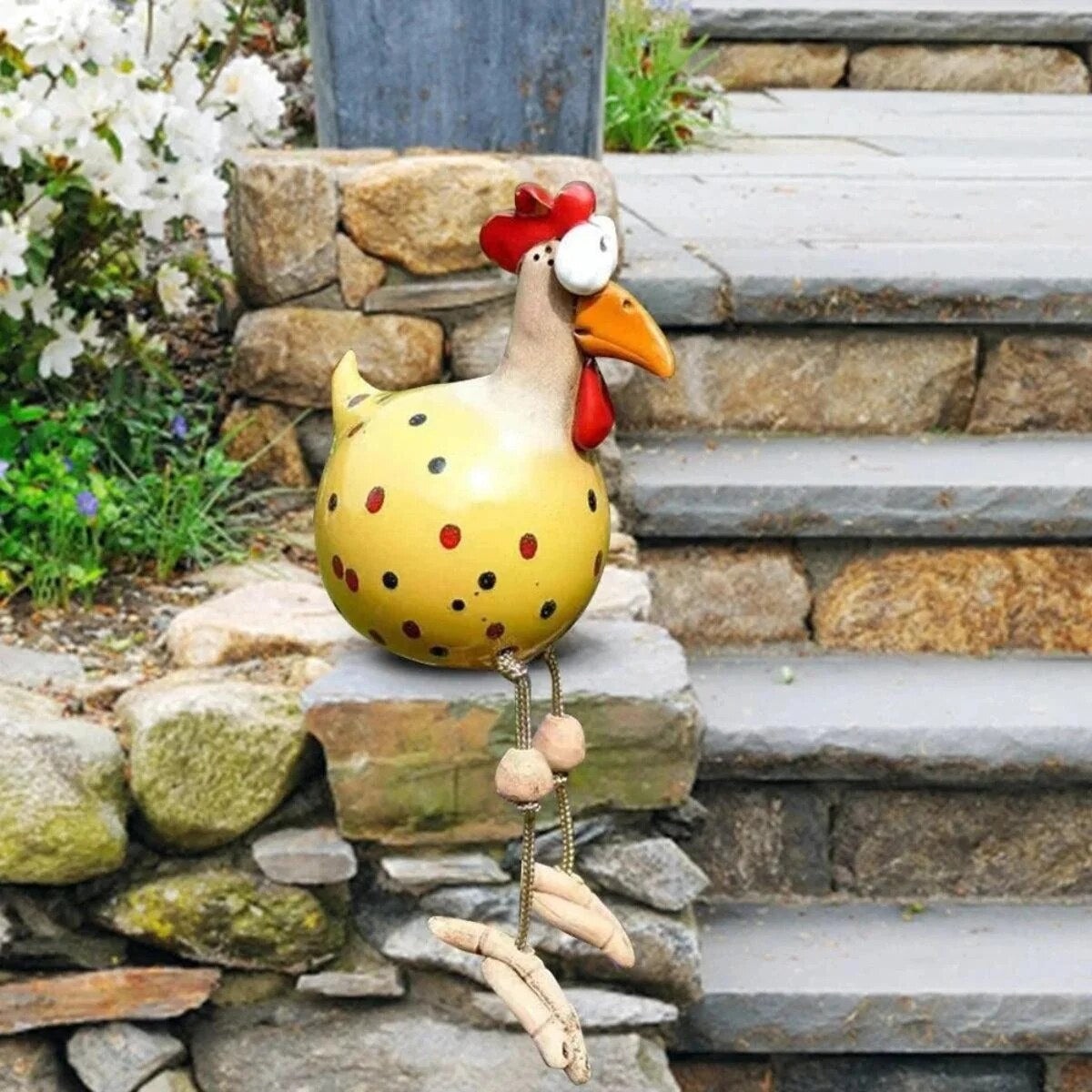 Googly Eye Outdoor Chicken – hanging legs, farmhouse charm, compact