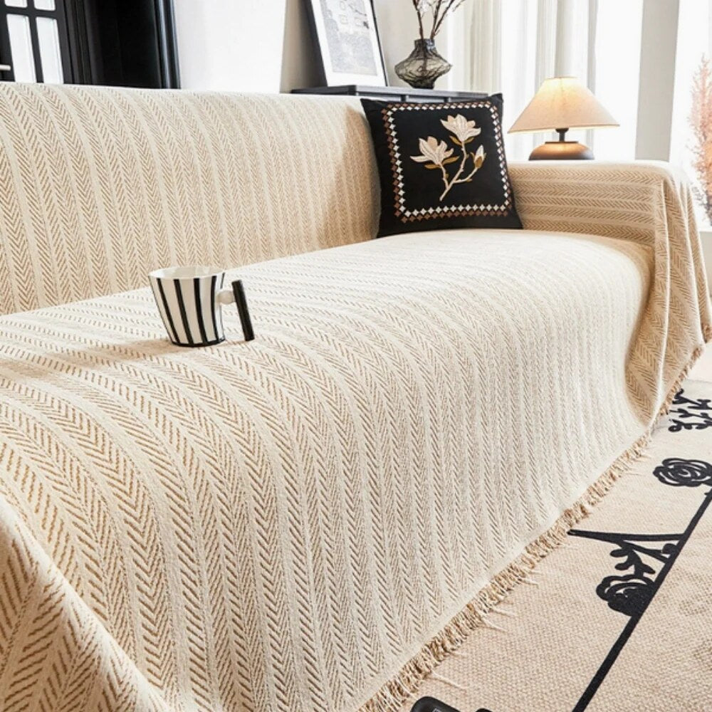 Herringbone Couch Cover – chenille fabric, tassel accents, washable