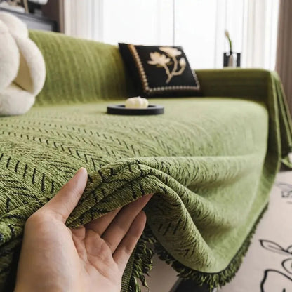 Herringbone Couch Cover – chenille fabric, tassel accents, washable