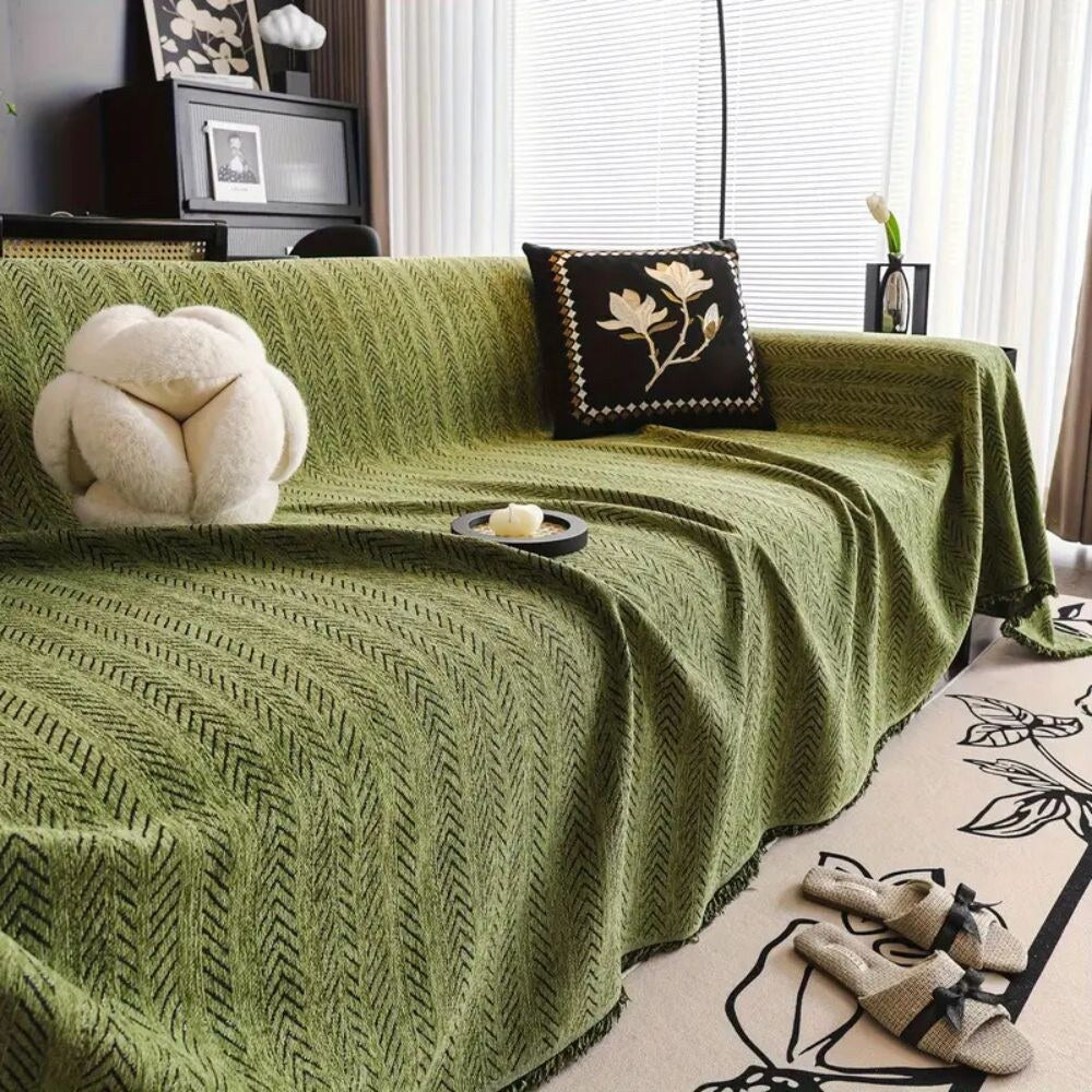 Herringbone Couch Cover – chenille fabric, tassel accents, washable