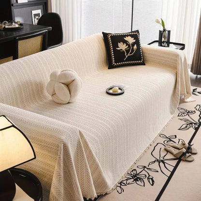 Herringbone Couch Cover – chenille fabric, tassel accents, washable