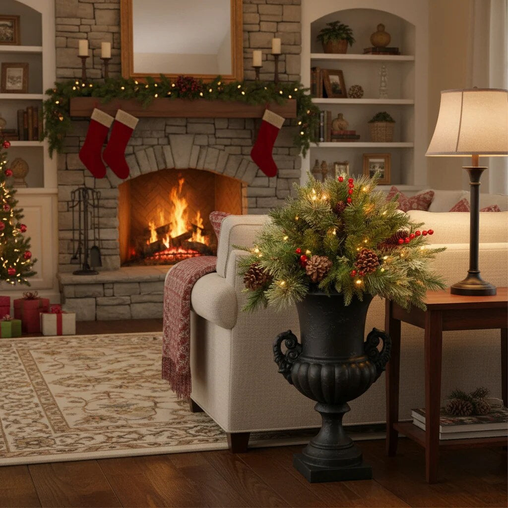 LED Evergreen Urn Filler – battery powered, festive