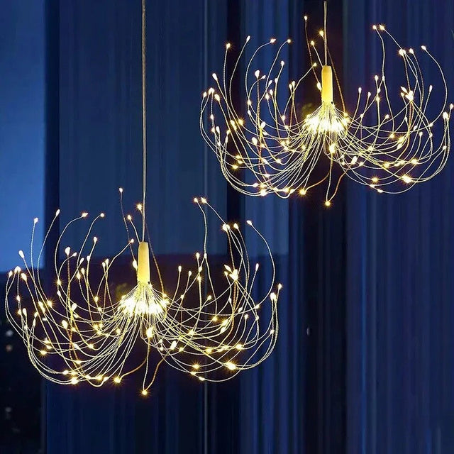 LED Firework Hanging Light – warm white starburst with remote and several modes