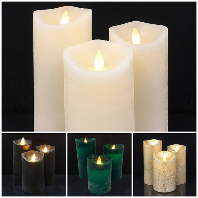 LED Pillar Candles – real wax finish, flickering flame effect, rustic texture