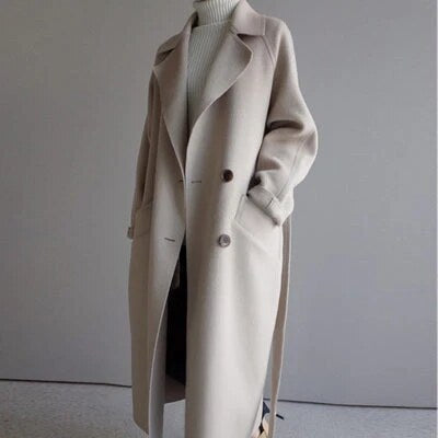 Longline Double-Breasted Coat – wide notch lapels, relaxed fit
