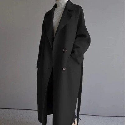 Longline Double-Breasted Coat – wide notch lapels, relaxed fit