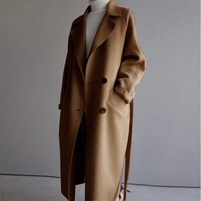 Longline Double-Breasted Coat – wide notch lapels, relaxed fit