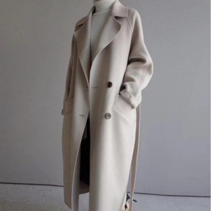 Longline Double-Breasted Coat – wide notch lapels, relaxed fit