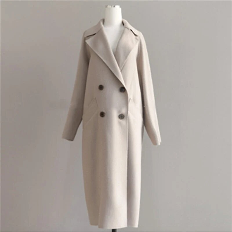 Longline Double-Breasted Coat – wide notch lapels, relaxed fit