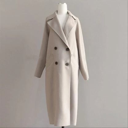 Longline Double-Breasted Coat – wide notch lapels, relaxed fit