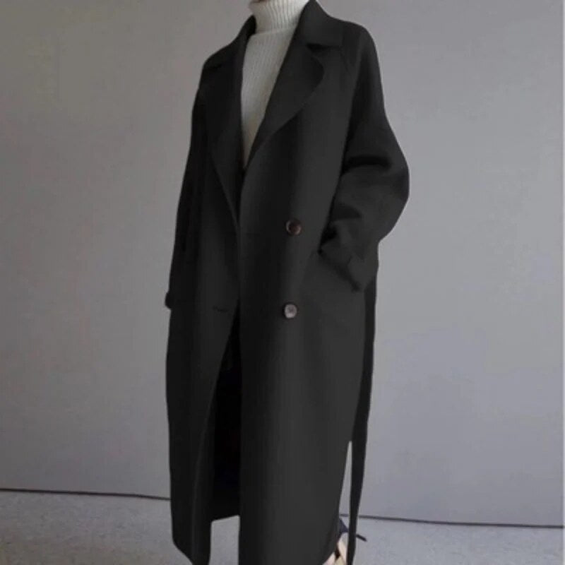Longline Double-Breasted Coat – wide notch lapels, relaxed fit